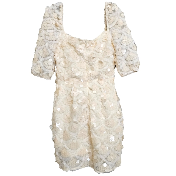Nwt Fanco Off Shoulder Creme Lace Mesh Sequin Short Sleeve Square Neck  Dress - Picture 4 of 17